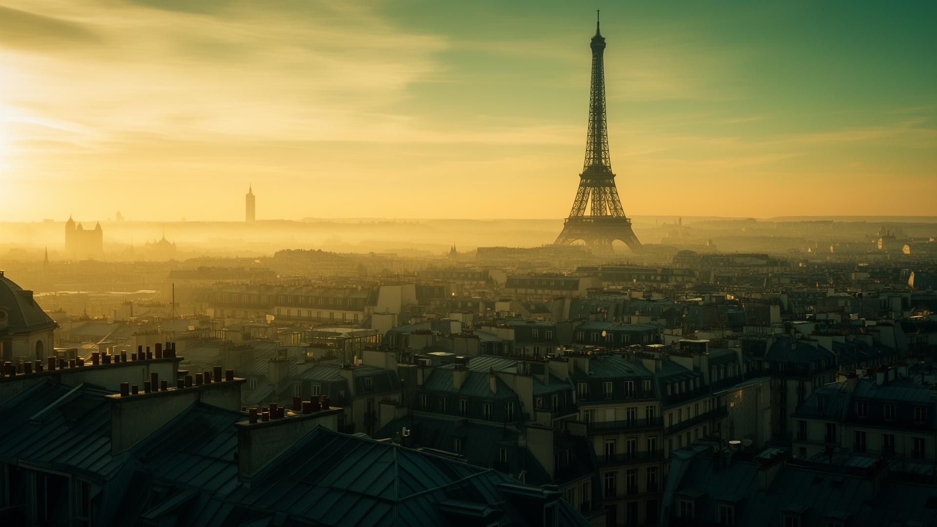 Golden hour over the Paris skyline with the Eiffel Tower